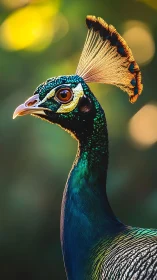 Iridescent peafowl portrait with crested plumage in bokeh light