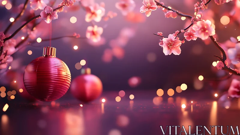 Pink baubles glow softly among dreamy cherry blossoms