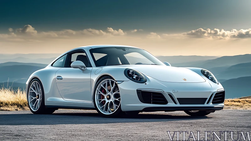 White sports coupe parked on mountain roadside at dusk.