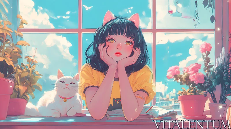 Cat-eared girl daydreams by sunlit window with cat
