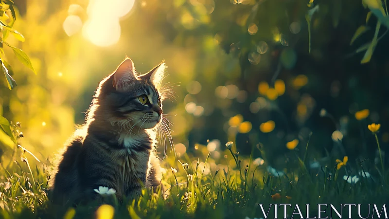 Photorealistic feline portrait in golden hour meadow light.