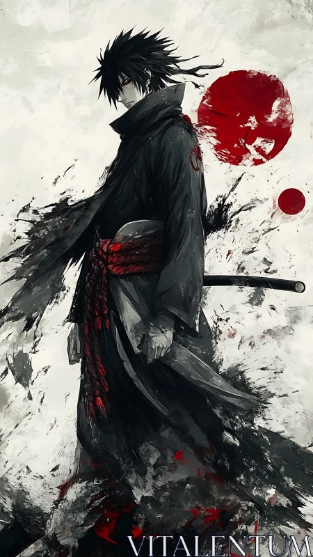 Dark ronin silhouette with crimson sun and ink splashes.