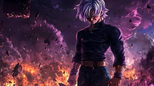 Brooding anime warrior stands amid a burning, fractured sky