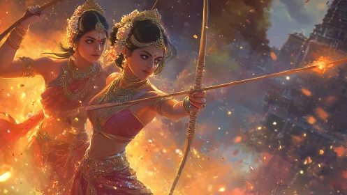 Twin warrior goddesses draw blazing bows in temple firestorm.