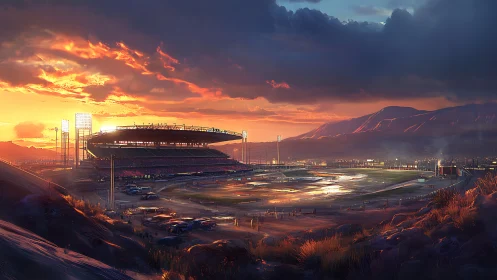 Sunset-illuminated stadium complex in cinematic valley panorama.