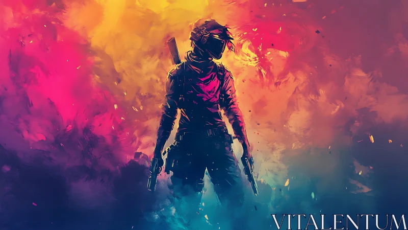 Armored figure stands amid high-contrast diffuse color field