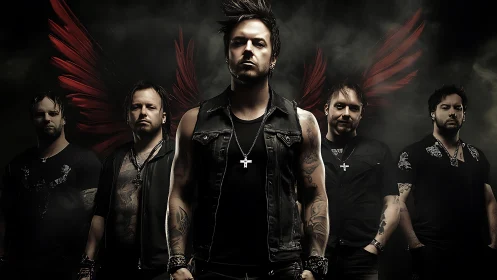 Rock band stands defiant with dark wings and stormy aura.