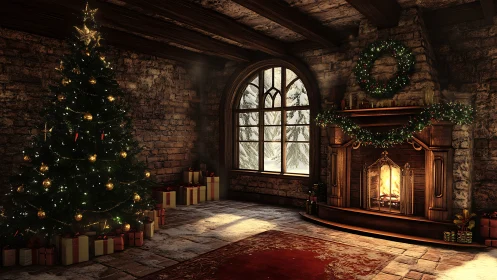 Rustic stone living room with festive tree and fireplace.