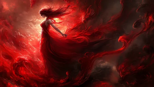 Crimson storm goddess leans into swirling cosmic flame