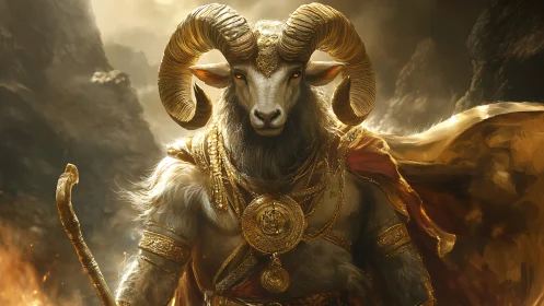Ram-headed warrior deity stands radiant in molten dusk