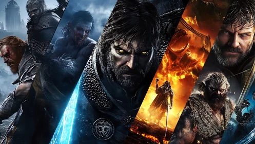 Angled fantasy warrior montage uses cold&ndash;warm tonal contrast.