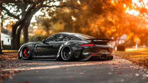 Low-slung black supercar glows in golden autumn sunset light