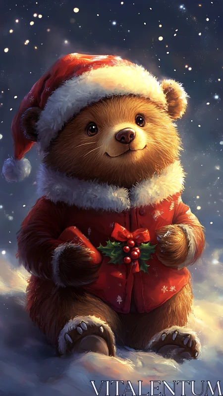 Small bear in red winter clothing sits in falling snow