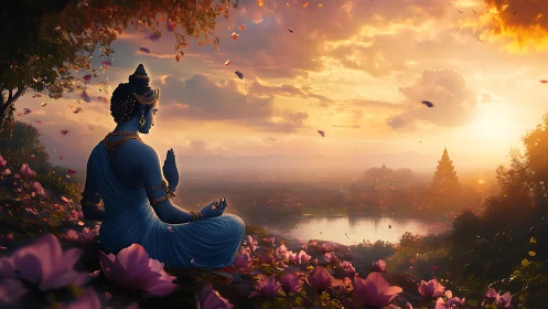 Blue mystic at lotus ridge greeting a golden river dawn.