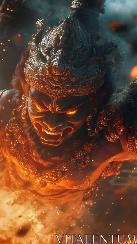 Fire-lit demonic deity figure in ornate crown and armor.