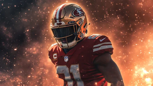 Gridiron warrior amid incandescent particle field rendering.
