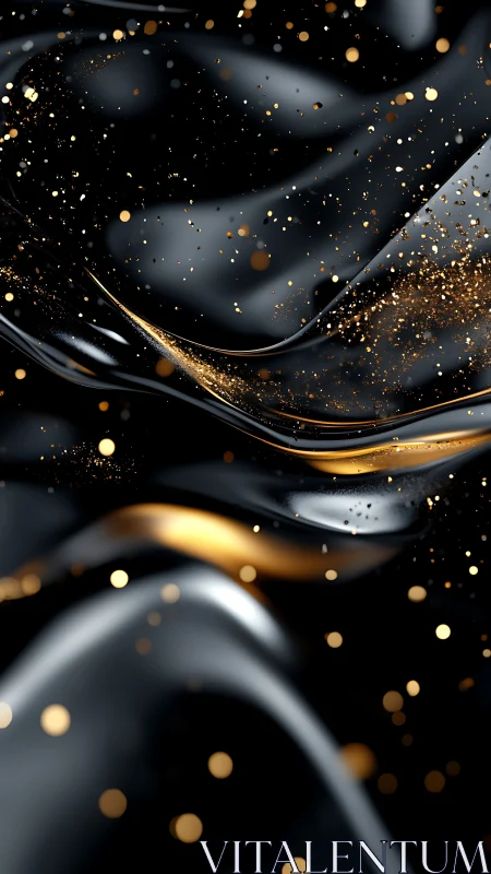 Liquid black waves shimmer beneath drifting golden sparks.