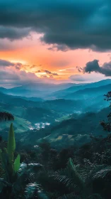 Sunrise mist over emerald mountain valleys and rolling hills.