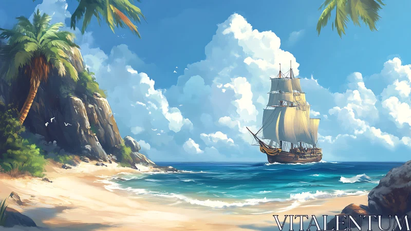 Tall Ship Sailing to Tropical Paradise Beach
