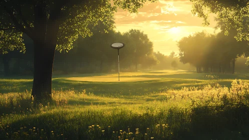 Sunlit forest fairway with disc golf target in diffuse haze.