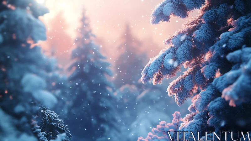 Snow laden fir branches glow in soft winter sunset light