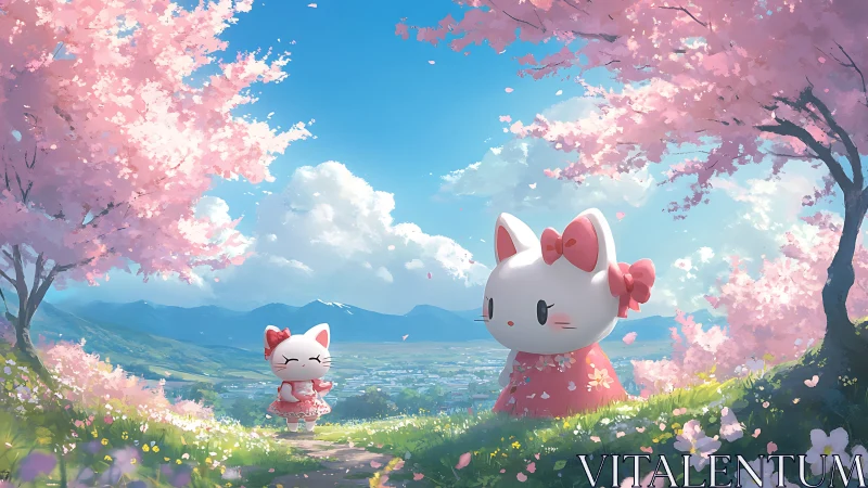 Cartoon cat figures in cherry blossom hillside landscape.