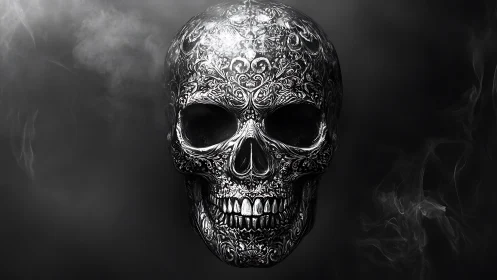 Engraved metallic human skull on dark smoky background.