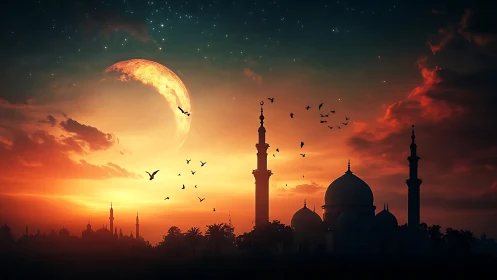 Silhouette of domed mosque under crescent moon at dusk.