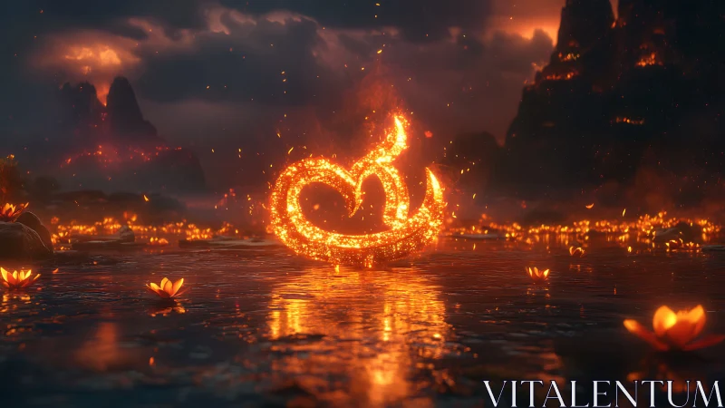 Fiery Phoenix Rising from Infernal Waters with Floating Luminous Elements