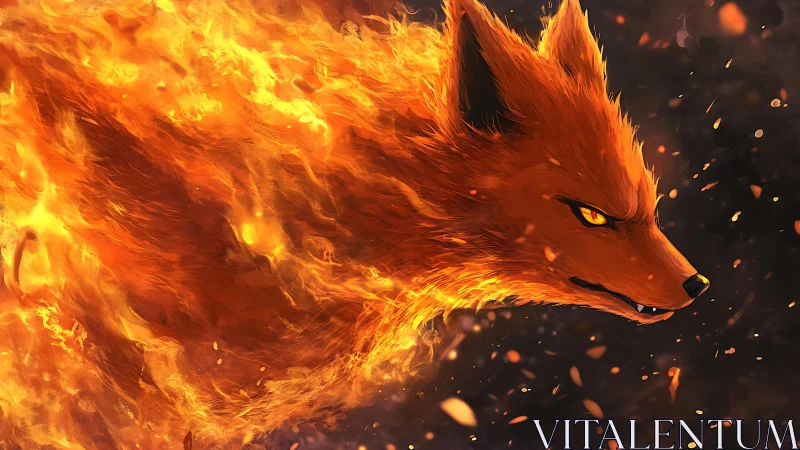 Fiery fox spirit erupts through swirling inferno canvas.