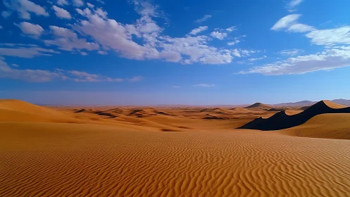 Golden desert dunes roll beneath a vast cobalt blue sky