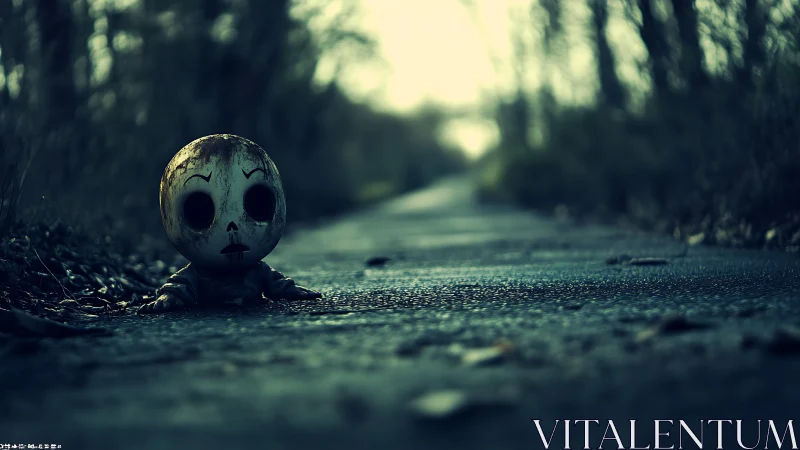 Disturbing doll figure waits alone on a desolate forest road