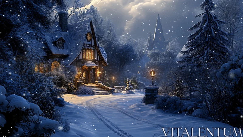 Cozy winter cottage glowing softly in a peaceful snowfall.