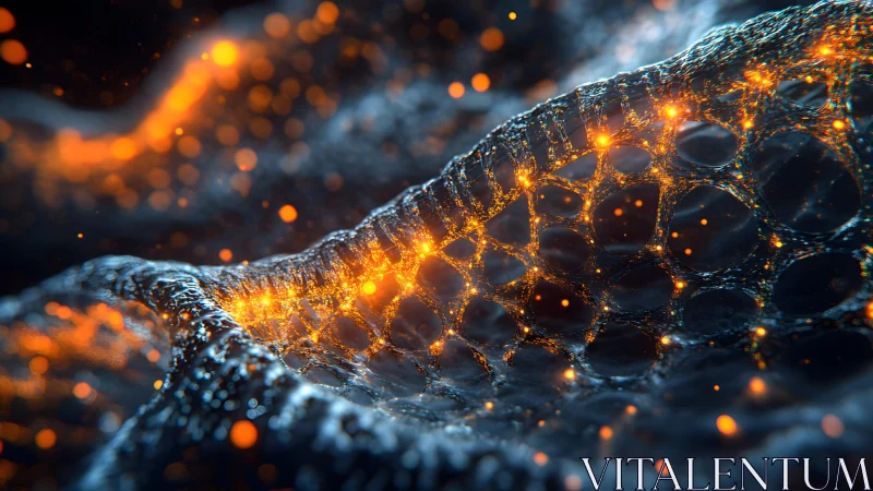 Futuristic glowing mesh structure with orange and blue light effects.