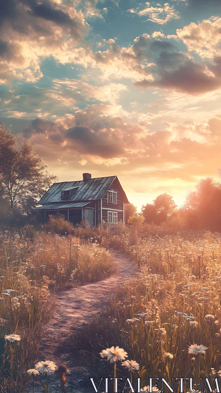 Sunset whispers over a wildflower path to a quiet cottage.