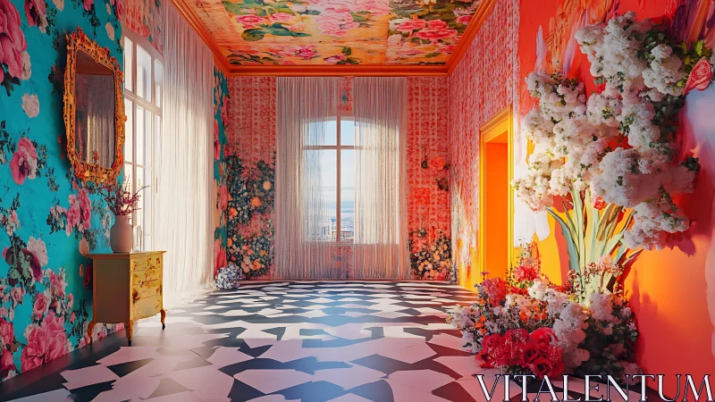 Maximalist floral corridor bathed in warm sunset light.