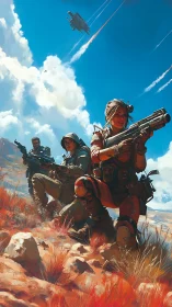 Armed squad advances through arid terrain under spacecraft