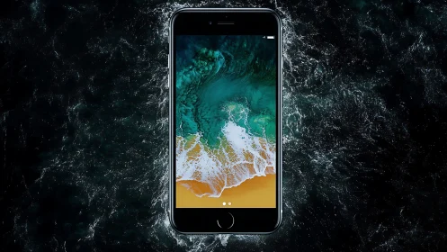 Smartphone with ocean-wave wallpaper framed against dark churning water