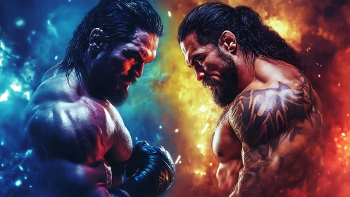 Digital painting showdown of dual fighters in elemental lighting.