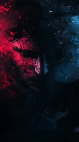 Mysterious half-lit face glowing in deep red and blue shadows.