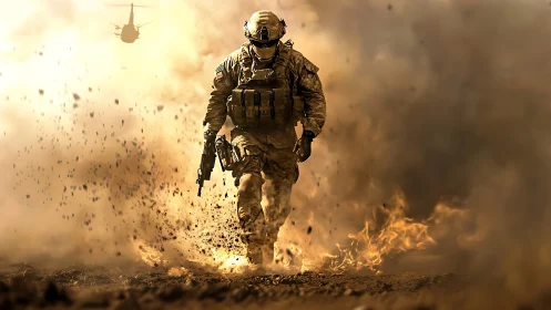 Battle-hardened soldier advancing through blazing dust storm.