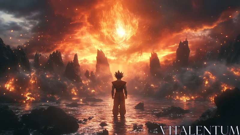 Volcanic energy nexus with lone warrior under stellar flare.