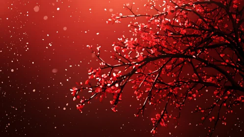 Red blossom tree branches against glowing red sky.
