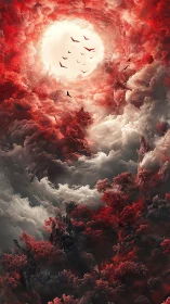 Fiery red sky opens above enchanted clouds and forest