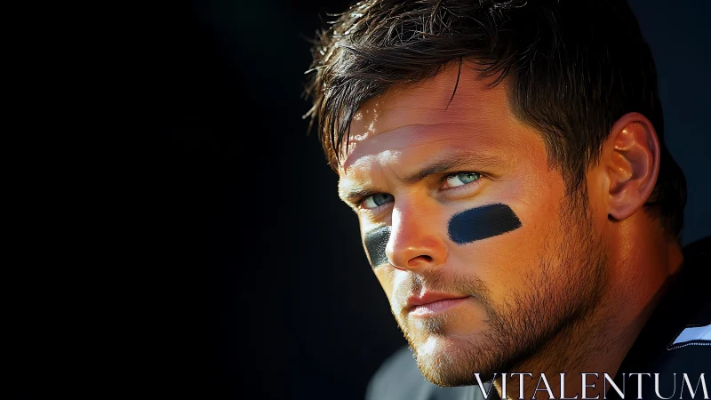 Intense football player portrait under dramatic sideline light.