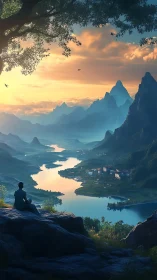 Meditative observer above algorithmic river-valley illumination.