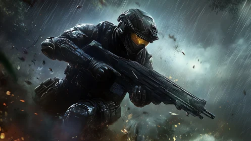 Armored futuristic soldier in rain with rifle in motion.