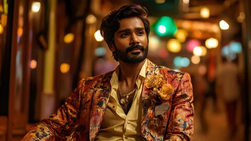 Man sits in patterned suit under blurred urban night lights