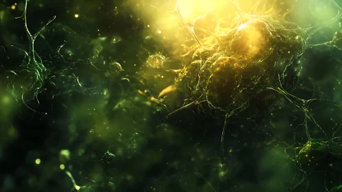 Glowing neural network cluster in green and yellow light.