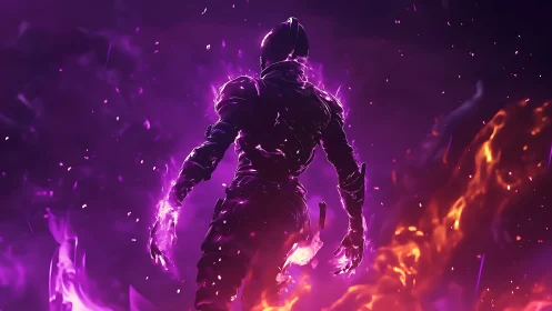 Lone cosmic warrior rising through violet firestorm.